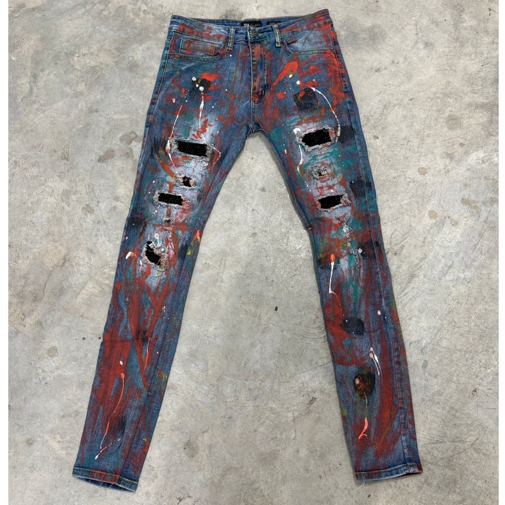 Waimea Blue Multi Paint Splatter Jeans Mens 30x32 Distressed Rhinestone Skinny